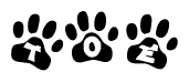The image shows a series of animal paw prints arranged in a horizontal line. Each paw print contains a letter, and together they spell out the word Toe.