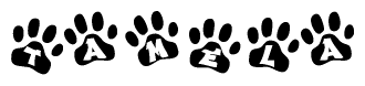 The image shows a series of animal paw prints arranged in a horizontal line. Each paw print contains a letter, and together they spell out the word Tamela.