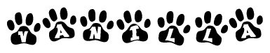 The image shows a series of animal paw prints arranged horizontally. Within each paw print, there's a letter; together they spell Vanilla