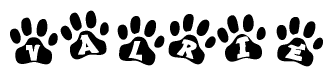 The image shows a series of animal paw prints arranged horizontally. Within each paw print, there's a letter; together they spell Valrie