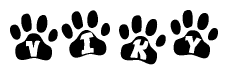 The image shows a row of animal paw prints, each containing a letter. The letters spell out the word Viky within the paw prints.