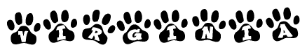 The image shows a row of animal paw prints, each containing a letter. The letters spell out the word Virginia within the paw prints.