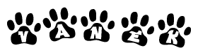 The image shows a row of animal paw prints, each containing a letter. The letters spell out the word Vanek within the paw prints.
