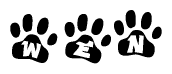 The image shows a series of animal paw prints arranged horizontally. Within each paw print, there's a letter; together they spell Wen