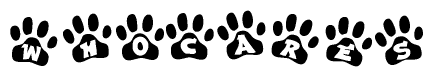 The image shows a series of animal paw prints arranged horizontally. Within each paw print, there's a letter; together they spell Whocares