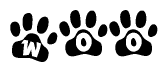 The image shows a series of animal paw prints arranged horizontally. Within each paw print, there's a letter; together they spell Woo