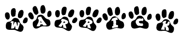 The image shows a series of animal paw prints arranged horizontally. Within each paw print, there's a letter; together they spell Warrick