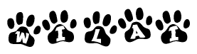 The image shows a row of animal paw prints, each containing a letter. The letters spell out the word Wilai within the paw prints.