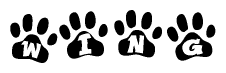 The image shows a series of animal paw prints arranged in a horizontal line. Each paw print contains a letter, and together they spell out the word Wing.