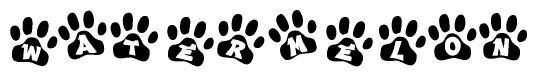 The image shows a row of animal paw prints, each containing a letter. The letters spell out the word Watermelon within the paw prints.