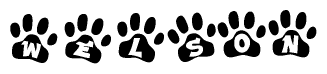 The image shows a series of animal paw prints arranged in a horizontal line. Each paw print contains a letter, and together they spell out the word Welson.