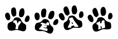 The image shows a row of animal paw prints, each containing a letter. The letters spell out the word Yeah within the paw prints.