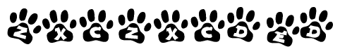 The image shows a series of animal paw prints arranged in a horizontal line. Each paw print contains a letter, and together they spell out the word Zxczxcded.