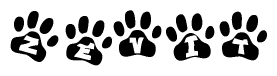 The image shows a series of animal paw prints arranged in a horizontal line. Each paw print contains a letter, and together they spell out the word Zevit.