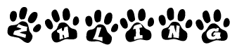 The image shows a series of animal paw prints arranged in a horizontal line. Each paw print contains a letter, and together they spell out the word Zhling.