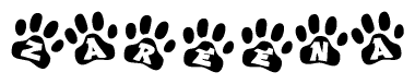 The image shows a row of animal paw prints, each containing a letter. The letters spell out the word Zareena within the paw prints.