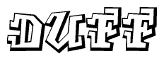 The image is a stylized representation of the letters Duff designed to mimic the look of graffiti text. The letters are bold and have a three-dimensional appearance, with emphasis on angles and shadowing effects.