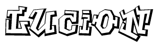 The clipart image depicts the word Lucion in a style reminiscent of graffiti. The letters are drawn in a bold, block-like script with sharp angles and a three-dimensional appearance.