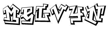 The image is a stylized representation of the letters Melvyn designed to mimic the look of graffiti text. The letters are bold and have a three-dimensional appearance, with emphasis on angles and shadowing effects.