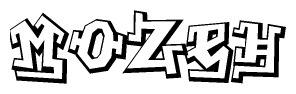 The image is a stylized representation of the letters Mozeh designed to mimic the look of graffiti text. The letters are bold and have a three-dimensional appearance, with emphasis on angles and shadowing effects.