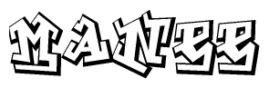 The image is a stylized representation of the letters Manee designed to mimic the look of graffiti text. The letters are bold and have a three-dimensional appearance, with emphasis on angles and shadowing effects.