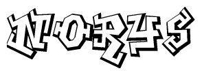 The clipart image depicts the word Norys in a style reminiscent of graffiti. The letters are drawn in a bold, block-like script with sharp angles and a three-dimensional appearance.