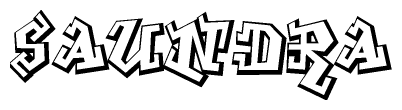 The clipart image depicts the word Saundra in a style reminiscent of graffiti. The letters are drawn in a bold, block-like script with sharp angles and a three-dimensional appearance.
