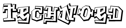 The image is a stylized representation of the letters Technoed designed to mimic the look of graffiti text. The letters are bold and have a three-dimensional appearance, with emphasis on angles and shadowing effects.