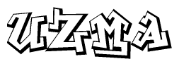 The image is a stylized representation of the letters Uzma designed to mimic the look of graffiti text. The letters are bold and have a three-dimensional appearance, with emphasis on angles and shadowing effects.