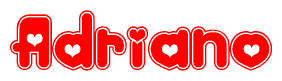The image is a red and white graphic with the word Adriano written in a decorative script. Each letter in  is contained within its own outlined bubble-like shape. Inside each letter, there is a white heart symbol.