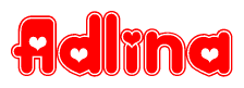 The image is a red and white graphic with the word Adlina written in a decorative script. Each letter in  is contained within its own outlined bubble-like shape. Inside each letter, there is a white heart symbol.