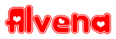 The image displays the word Alvena written in a stylized red font with hearts inside the letters.