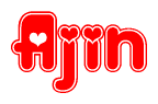 The image displays the word Ajin written in a stylized red font with hearts inside the letters.
