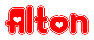 The image is a clipart featuring the word Alton written in a stylized font with a heart shape replacing inserted into the center of each letter. The color scheme of the text and hearts is red with a light outline.