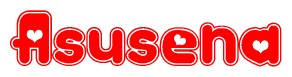 The image is a red and white graphic with the word Asusena written in a decorative script. Each letter in  is contained within its own outlined bubble-like shape. Inside each letter, there is a white heart symbol.
