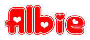 The image is a clipart featuring the word Albie written in a stylized font with a heart shape replacing inserted into the center of each letter. The color scheme of the text and hearts is red with a light outline.