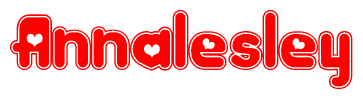 The image is a red and white graphic with the word Annalesley written in a decorative script. Each letter in  is contained within its own outlined bubble-like shape. Inside each letter, there is a white heart symbol.