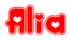 The image displays the word Alia written in a stylized red font with hearts inside the letters.