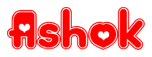 The image is a red and white graphic with the word Ashok written in a decorative script. Each letter in  is contained within its own outlined bubble-like shape. Inside each letter, there is a white heart symbol.