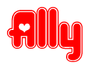 The image is a clipart featuring the word Ally written in a stylized font with a heart shape replacing inserted into the center of each letter. The color scheme of the text and hearts is red with a light outline.