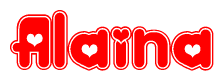 The image is a clipart featuring the word Alaina written in a stylized font with a heart shape replacing inserted into the center of each letter. The color scheme of the text and hearts is red with a light outline.