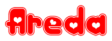 The image is a clipart featuring the word Areda written in a stylized font with a heart shape replacing inserted into the center of each letter. The color scheme of the text and hearts is red with a light outline.