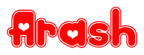 The image is a clipart featuring the word Arash written in a stylized font with a heart shape replacing inserted into the center of each letter. The color scheme of the text and hearts is red with a light outline.