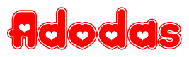 The image is a clipart featuring the word Adodas written in a stylized font with a heart shape replacing inserted into the center of each letter. The color scheme of the text and hearts is red with a light outline.