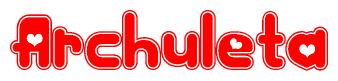 The image is a red and white graphic with the word Archuleta written in a decorative script. Each letter in  is contained within its own outlined bubble-like shape. Inside each letter, there is a white heart symbol.