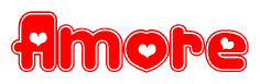 The image is a clipart featuring the word Amore written in a stylized font with a heart shape replacing inserted into the center of each letter. The color scheme of the text and hearts is red with a light outline.