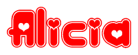 The image is a red and white graphic with the word Alicia written in a decorative script. Each letter in  is contained within its own outlined bubble-like shape. Inside each letter, there is a white heart symbol.
