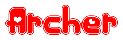 The image is a clipart featuring the word Archer written in a stylized font with a heart shape replacing inserted into the center of each letter. The color scheme of the text and hearts is red with a light outline.