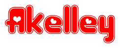 The image is a clipart featuring the word Akelley written in a stylized font with a heart shape replacing inserted into the center of each letter. The color scheme of the text and hearts is red with a light outline.
