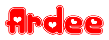 The image is a red and white graphic with the word Ardee written in a decorative script. Each letter in  is contained within its own outlined bubble-like shape. Inside each letter, there is a white heart symbol.